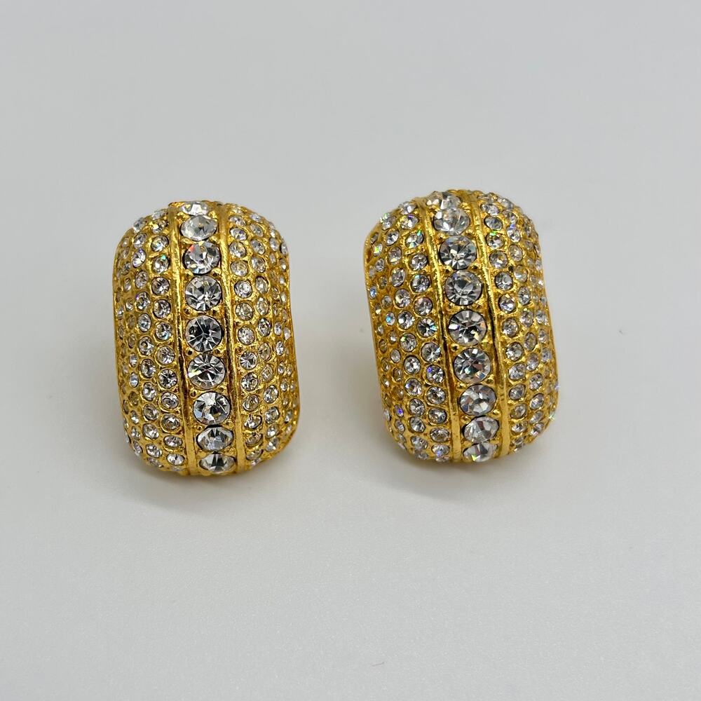 Vintage Rhinestone Clip On Earrings Glam Mid Century Gold Tone Costume Jewelry